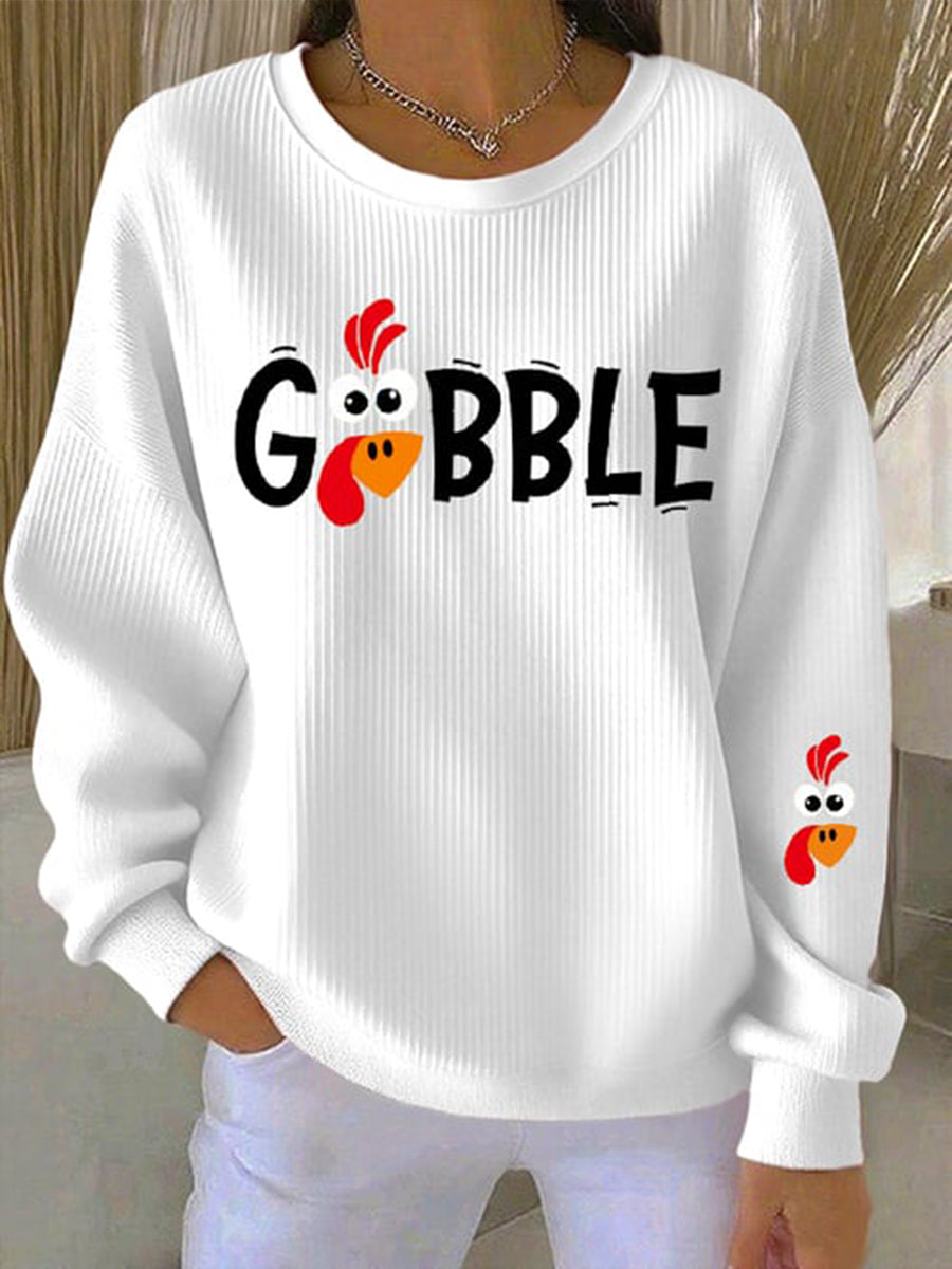 Gobble Turkey Print Ribbed Crew Neck Sweatshirt 2