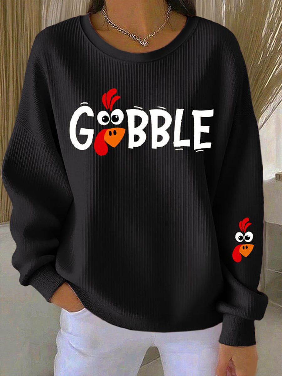 Gobble Turkey Print Ribbed Crew Neck Sweatshirt 3
