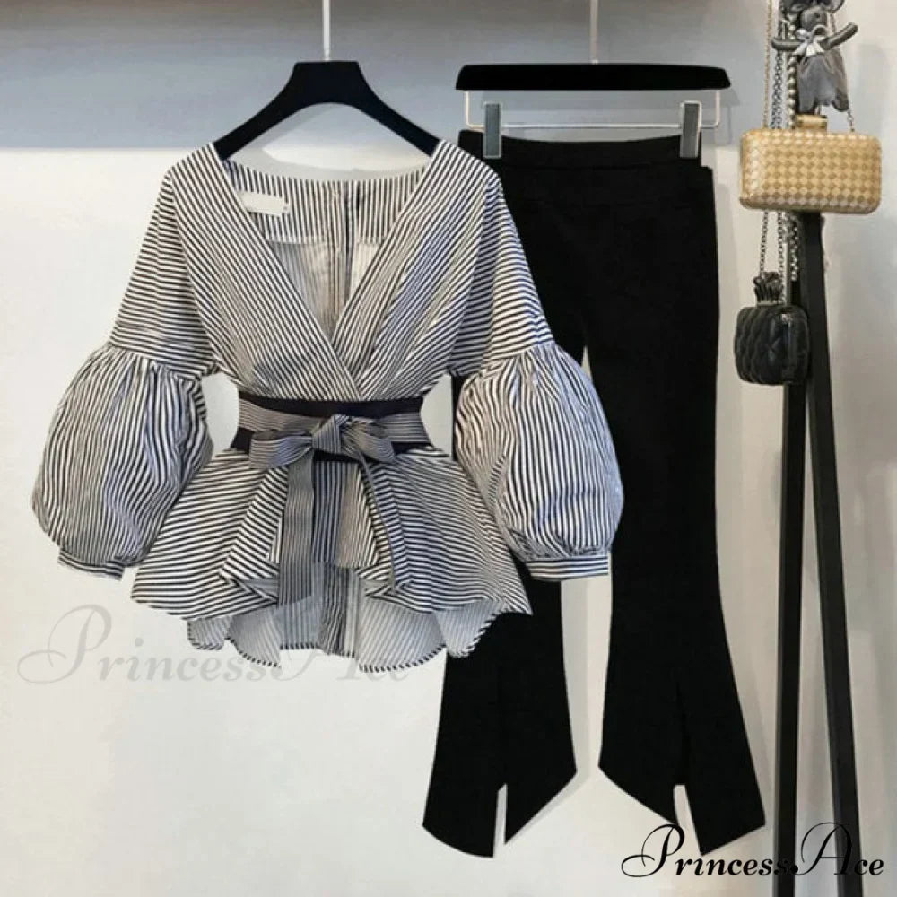Spring Women's Bow Pants Lantern Flare Black + Striped Split Warm-Season Blouse Arm Arm Set - Fashionpara