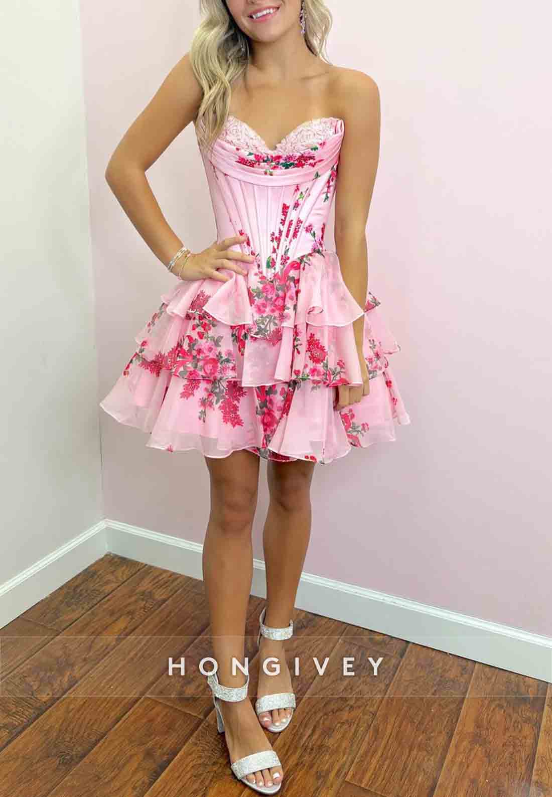 Strapless Floral Print Ruffles Sleeveless Pleated A-Line Short Homecoming dresses