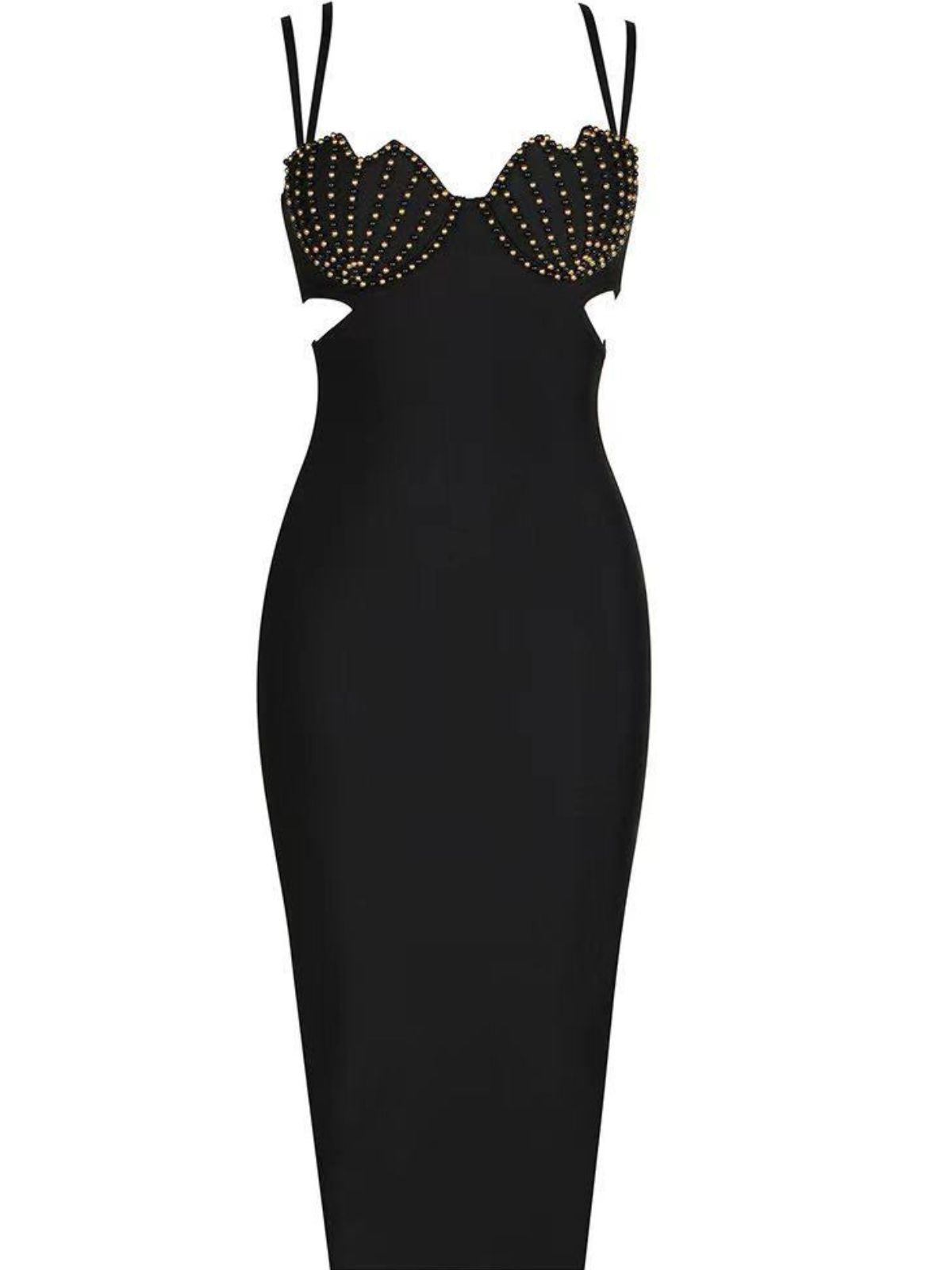 Spaghetti Strap Pearl Embellished Cut Out Bandage Midi Dress - View 6