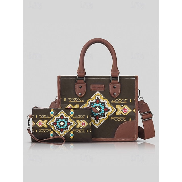 Ethnic Set Faux Handbag and with Leather Canvas
