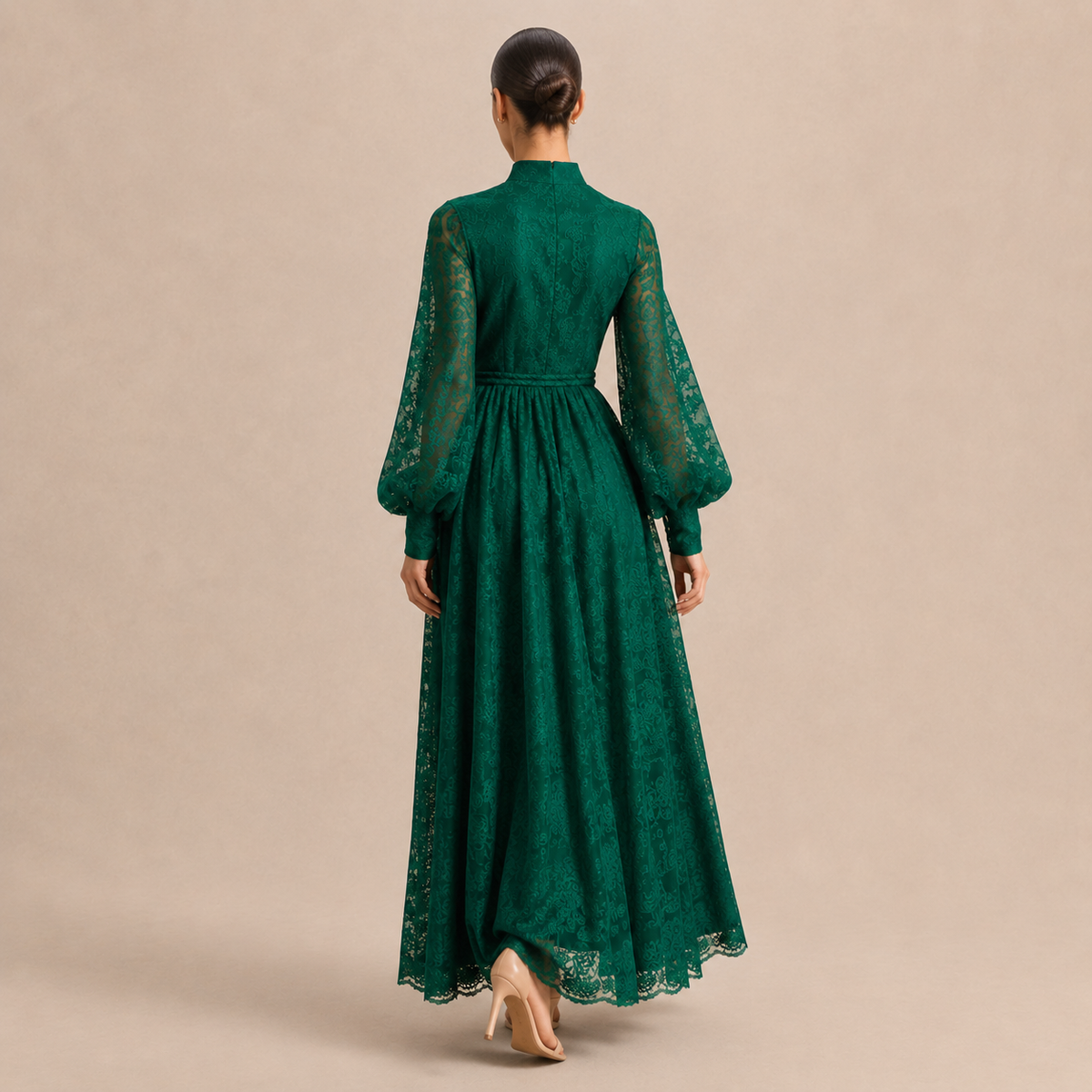 Lace Long Sleeve Button Front Belted Maxi Dress 18