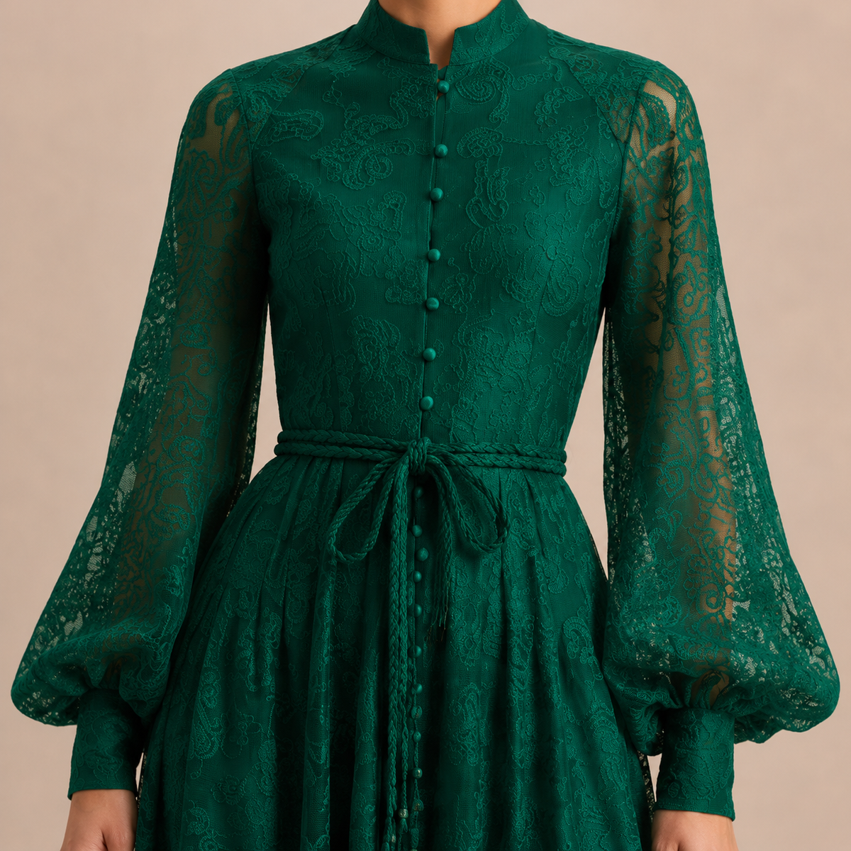 Lace Long Sleeve Button Front Belted Maxi Dress 17