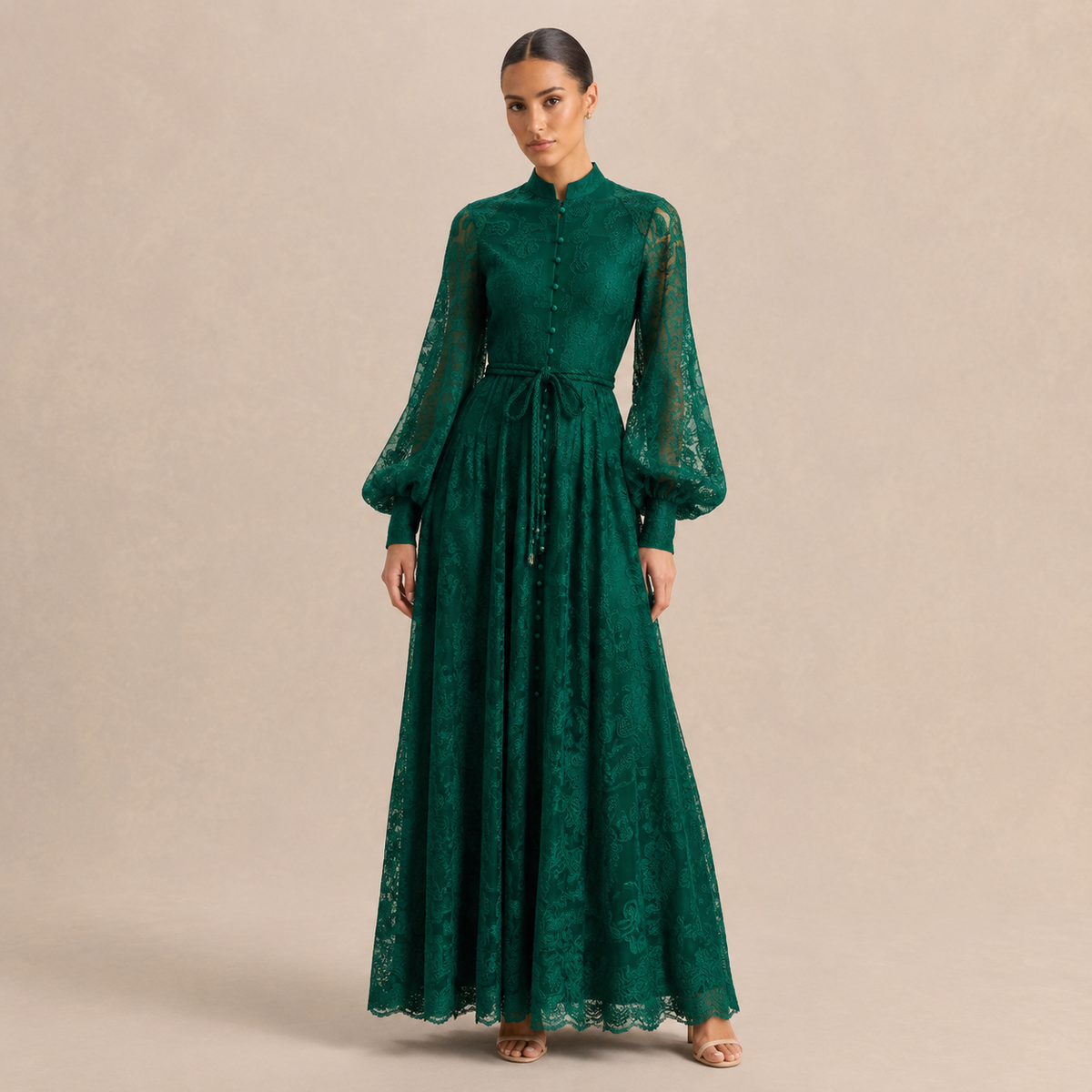 Lace Long Sleeve Button Front Belted Maxi Dress 16