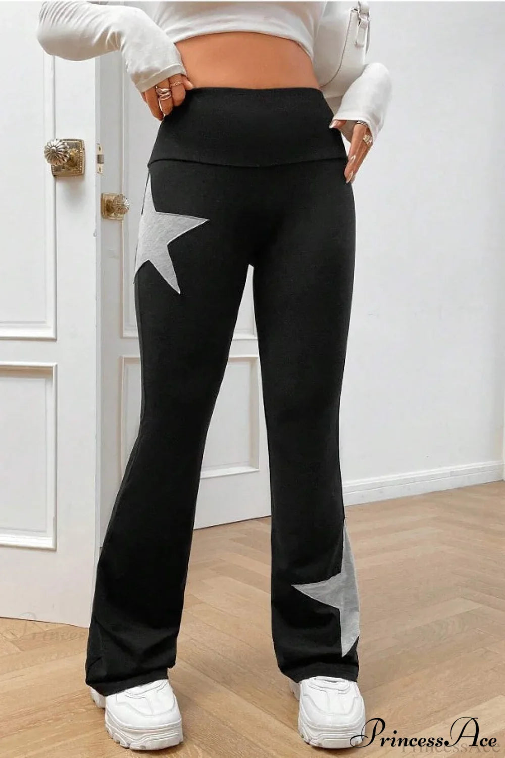 Star Print High Waist Slim Flare Pants Black / S