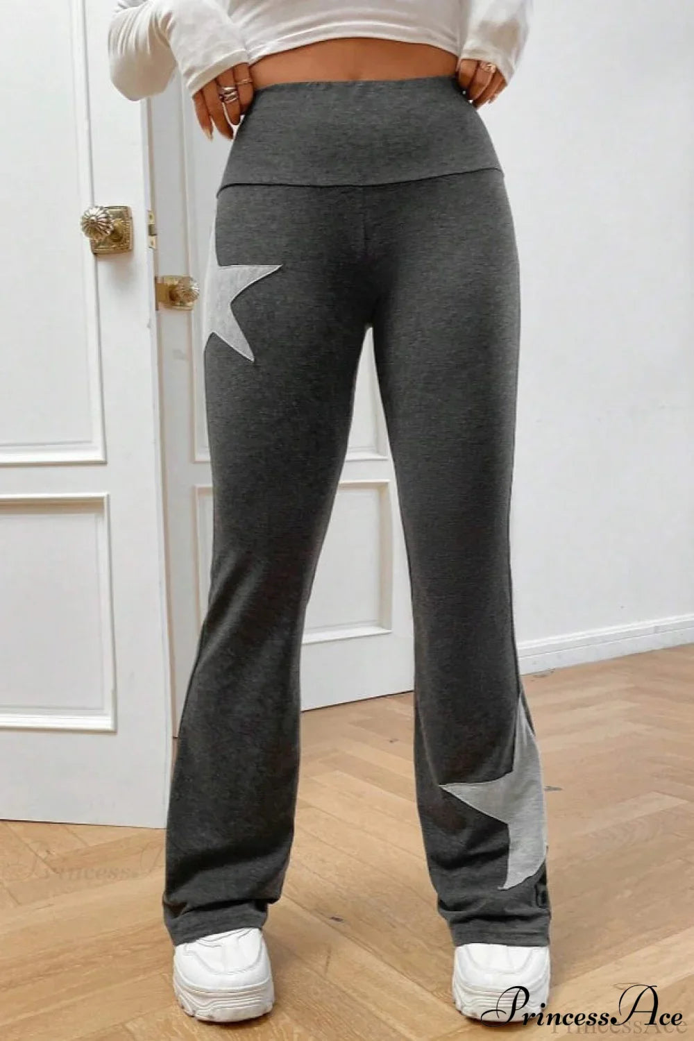 Star Print High Waist Slim Flare Pants Dark Gray / S