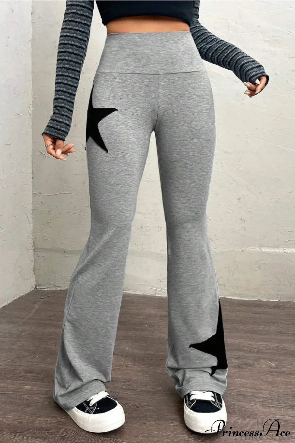 Star Print High Waist Slim Flare Pants Light Gray / S