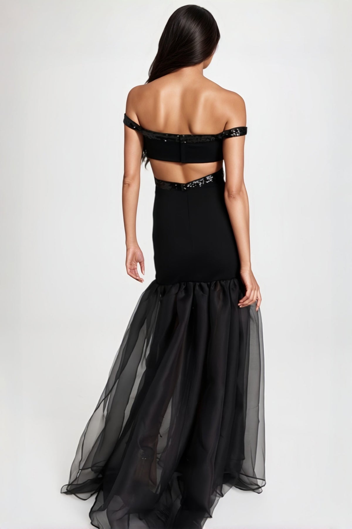 Sequin Trim Off Shoulder Sweetheart Cut Out Mermaid Tulle Maxi Gown - View 4