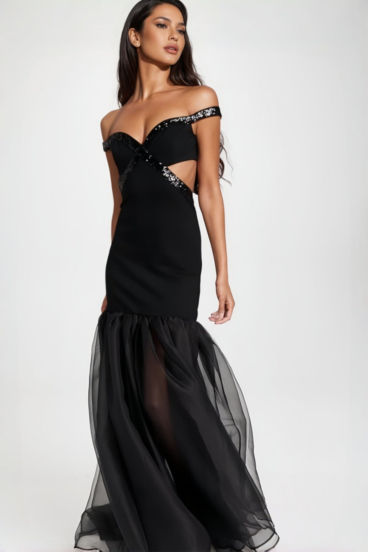 Sequin Trim Off Shoulder Sweetheart Cut Out Mermaid Tulle Maxi Gown - View 3
