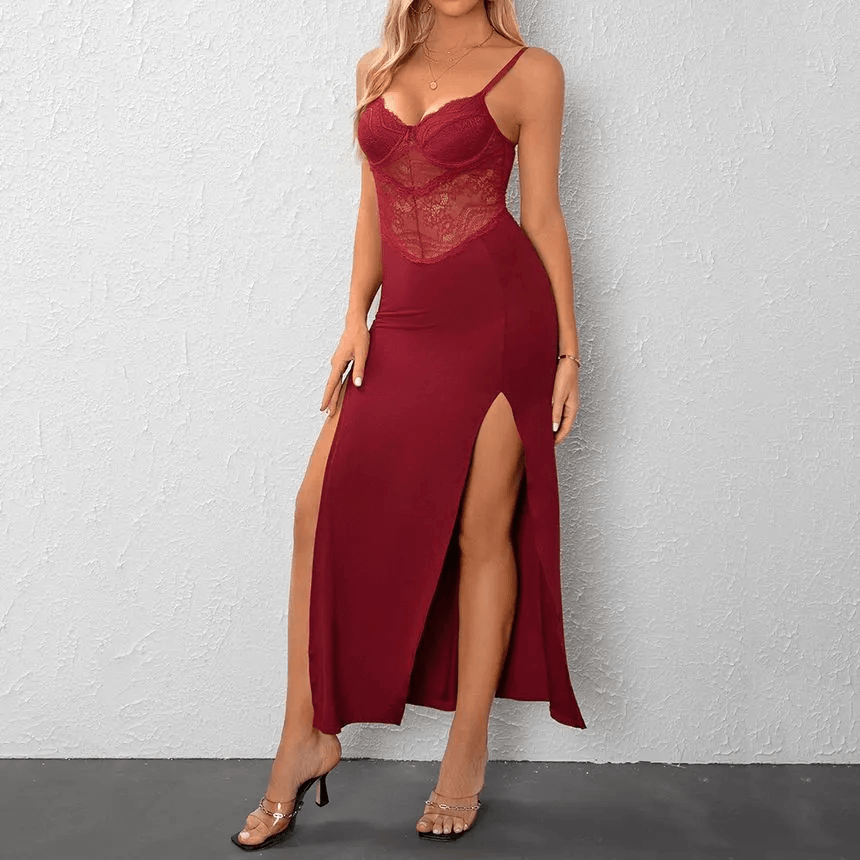 KittenAlarm - Stella Spaghetti Strap Plain Slit Panel Lace Maxi Dress