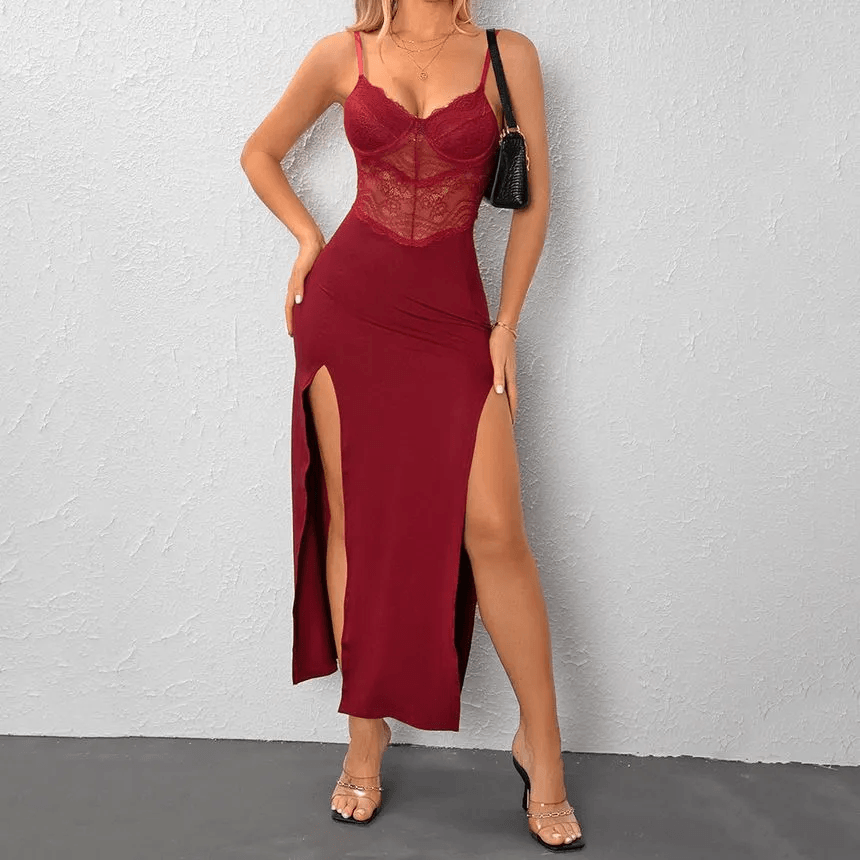 KittenAlarm - Stella Spaghetti Strap Plain Slit Panel Lace Maxi Dress