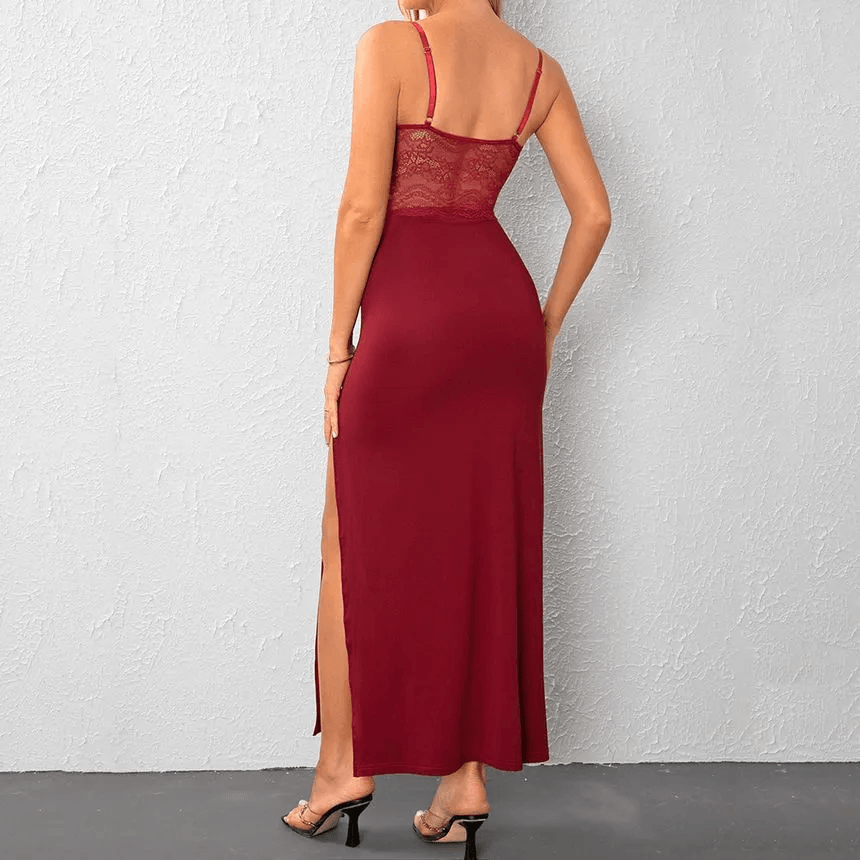 KittenAlarm - Stella Spaghetti Strap Plain Slit Panel Lace Maxi Dress