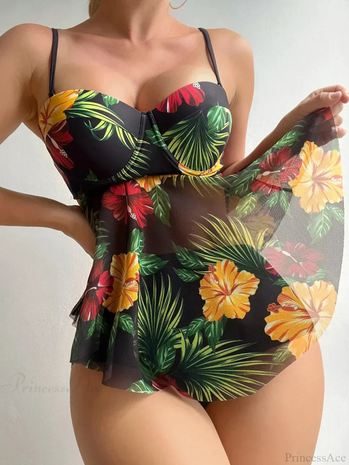 Strap Tankini Push Up Print Two Piece Set