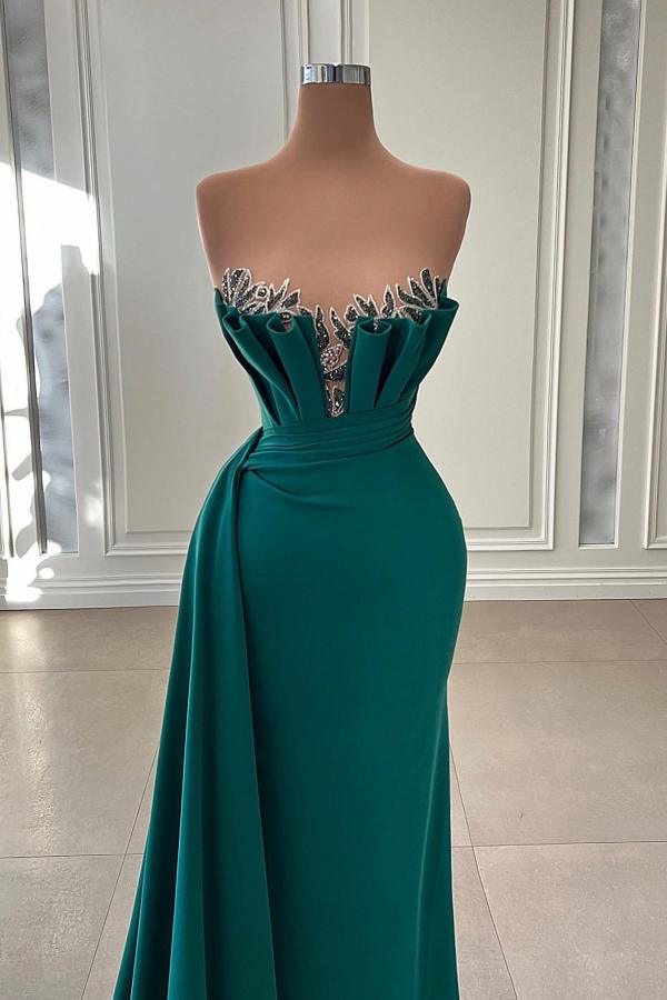 Strapless Dark Green Prom Dress Mermaid Long With Ruffle - Fashionpara