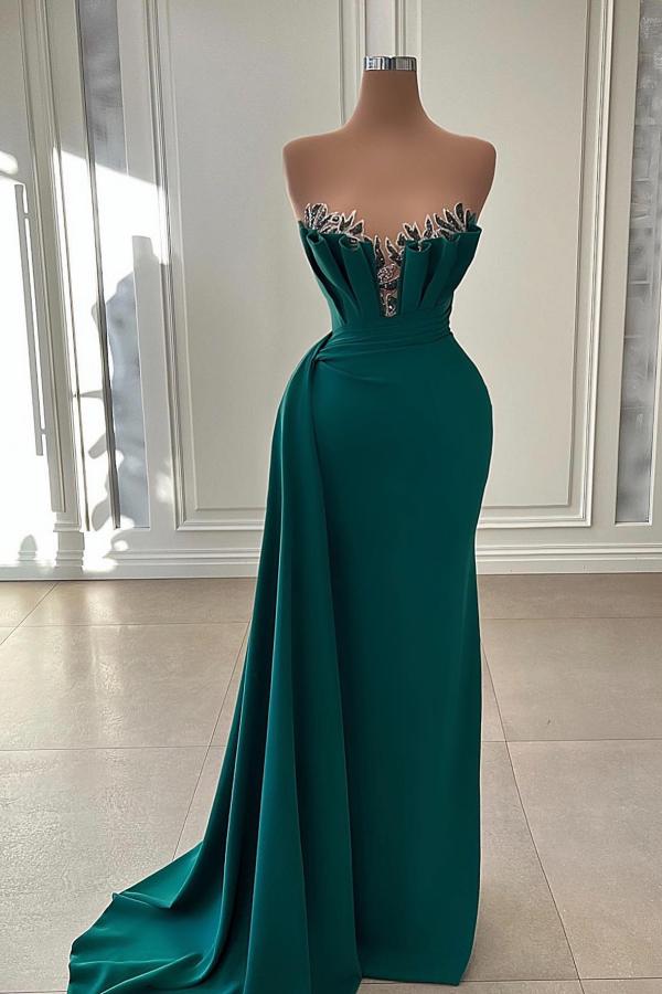 Strapless Dark Green Prom Dress Mermaid Long With Ruffle - Fashionpara