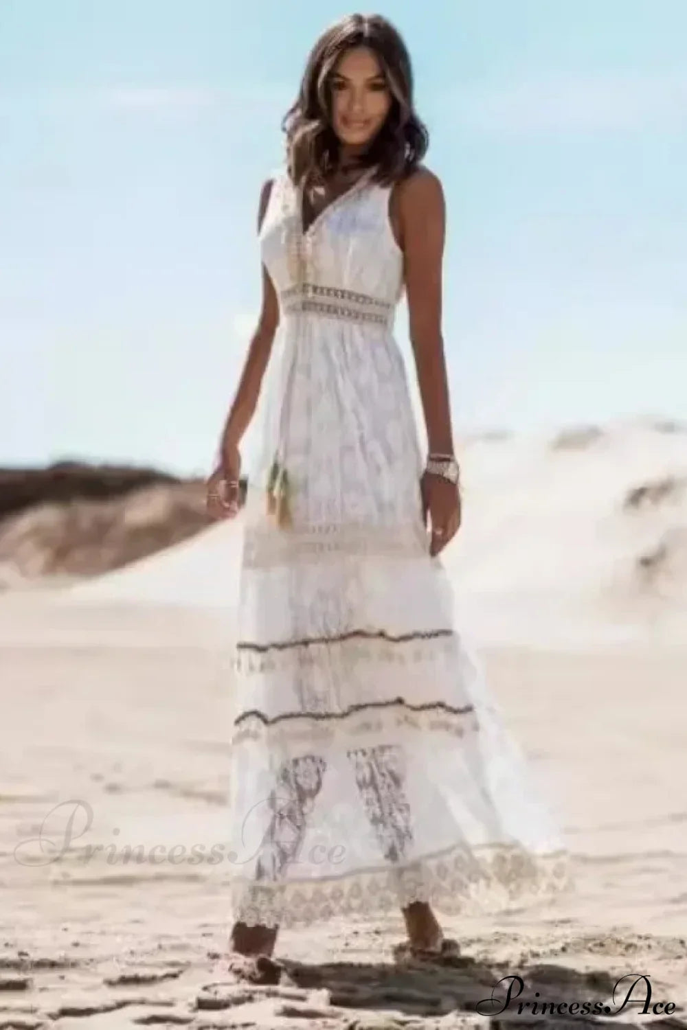Strapless Lace Up Tassel Splicing Summer Maxi Boho Dress