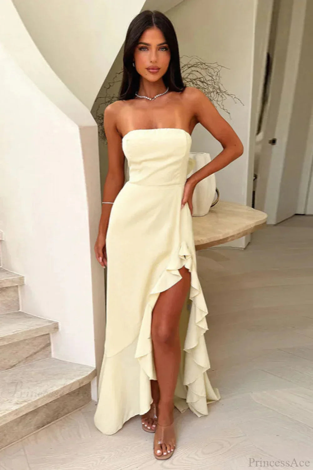 Strapless Satin Ruffle Slit Maxi Dress