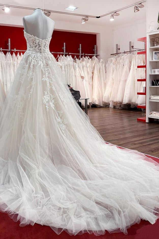 Strapless Ruffles Tulle Lace Ivory A-Line Wedding Dresses - Fashionpara