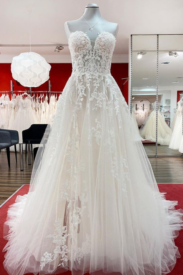 Strapless Ruffles Tulle Lace Ivory A-Line Wedding Dresses - Fashionpara
