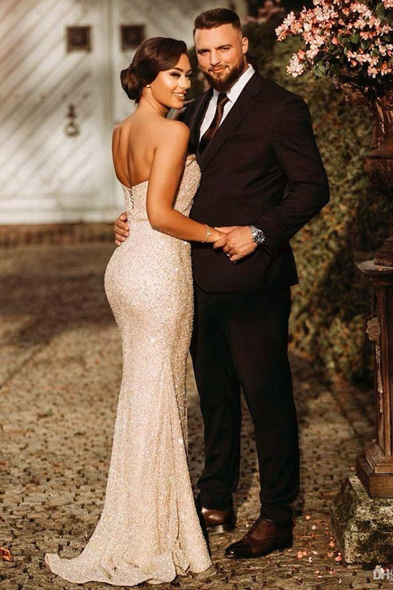 Strapless Sequins Prom Dress Mermaid Long With Slit - Fashionpara
