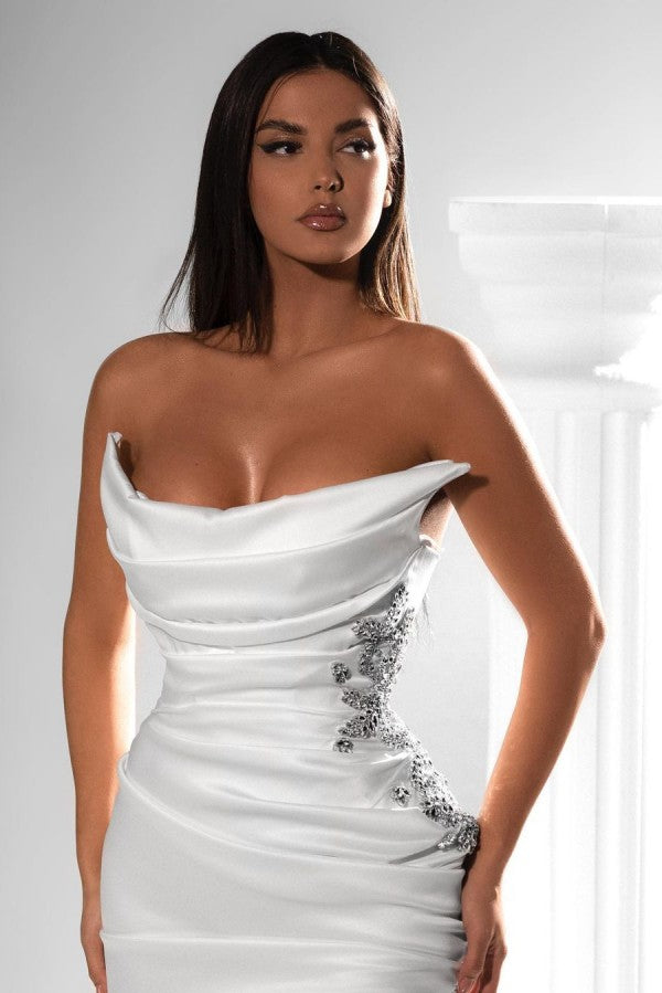 Strapless White Prom Dress Pleats Mermaid With Slit - Fashionpara