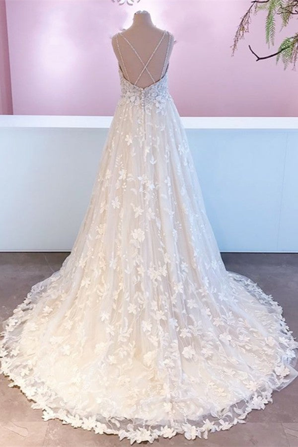 Straps Beadings Wedding Dress V-Neck Bridal Gowns With Appliques - Fashionpara