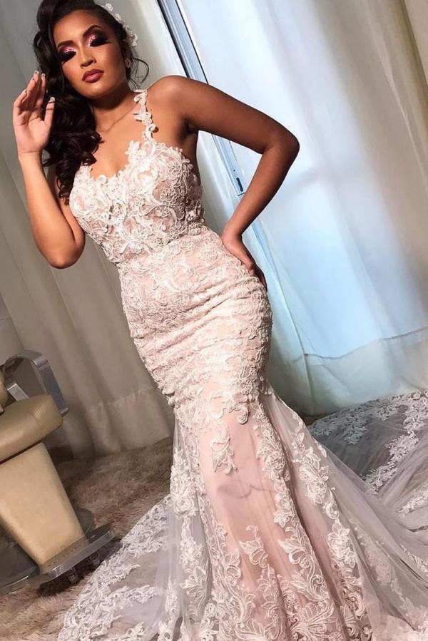 Straps Lace Appliques Wedding Dress Mermaid Long - Fashionpara