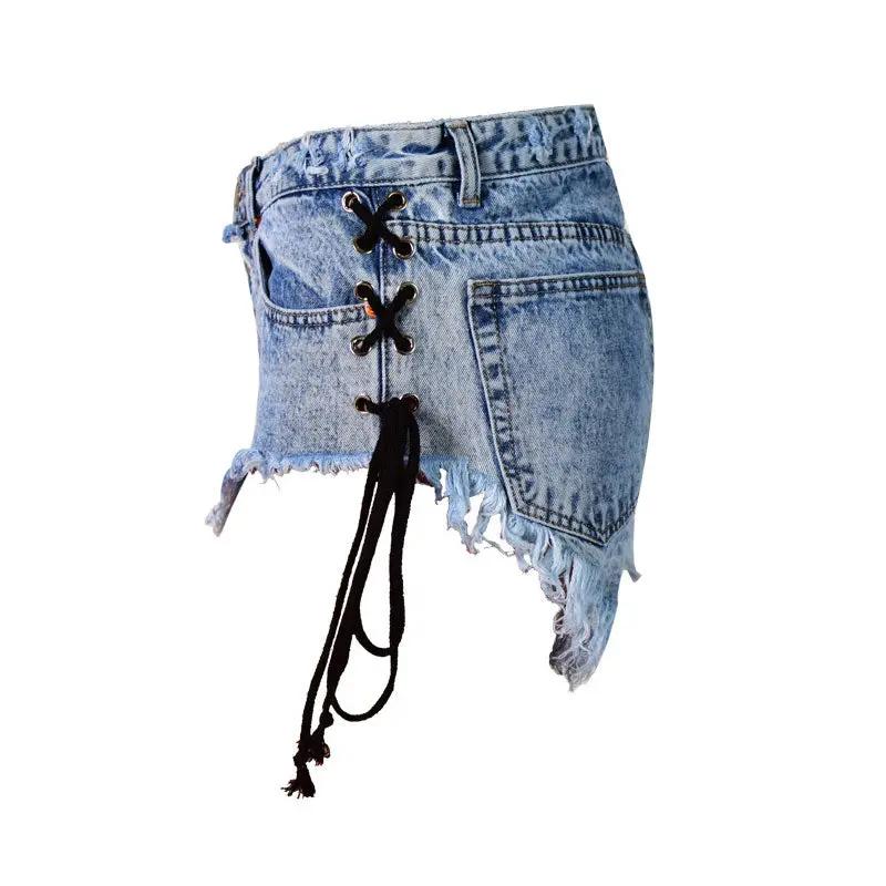 Street High Waist Lace Up Button Down Frayed Denim Shorts - Blue  Fashionpara