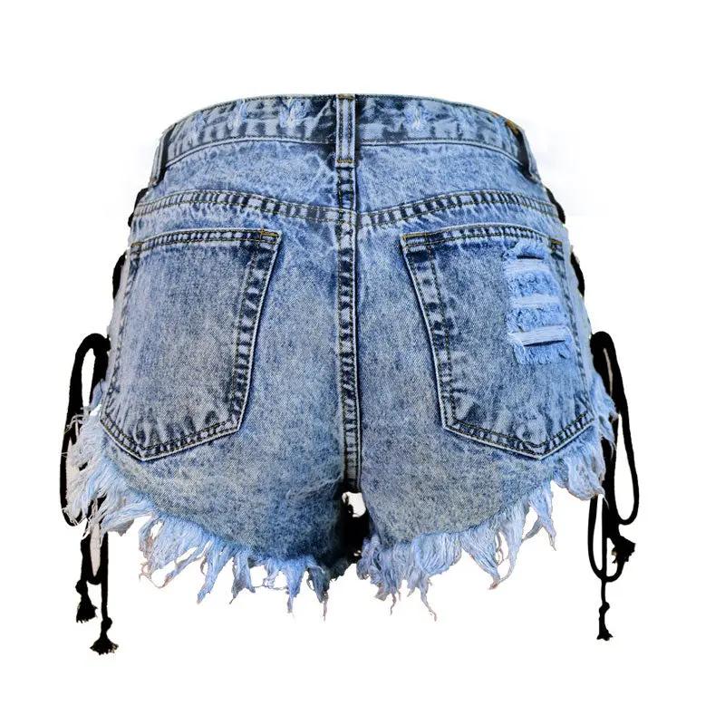 Street High Waist Lace Up Button Down Frayed Denim Shorts - Blue  Fashionpara