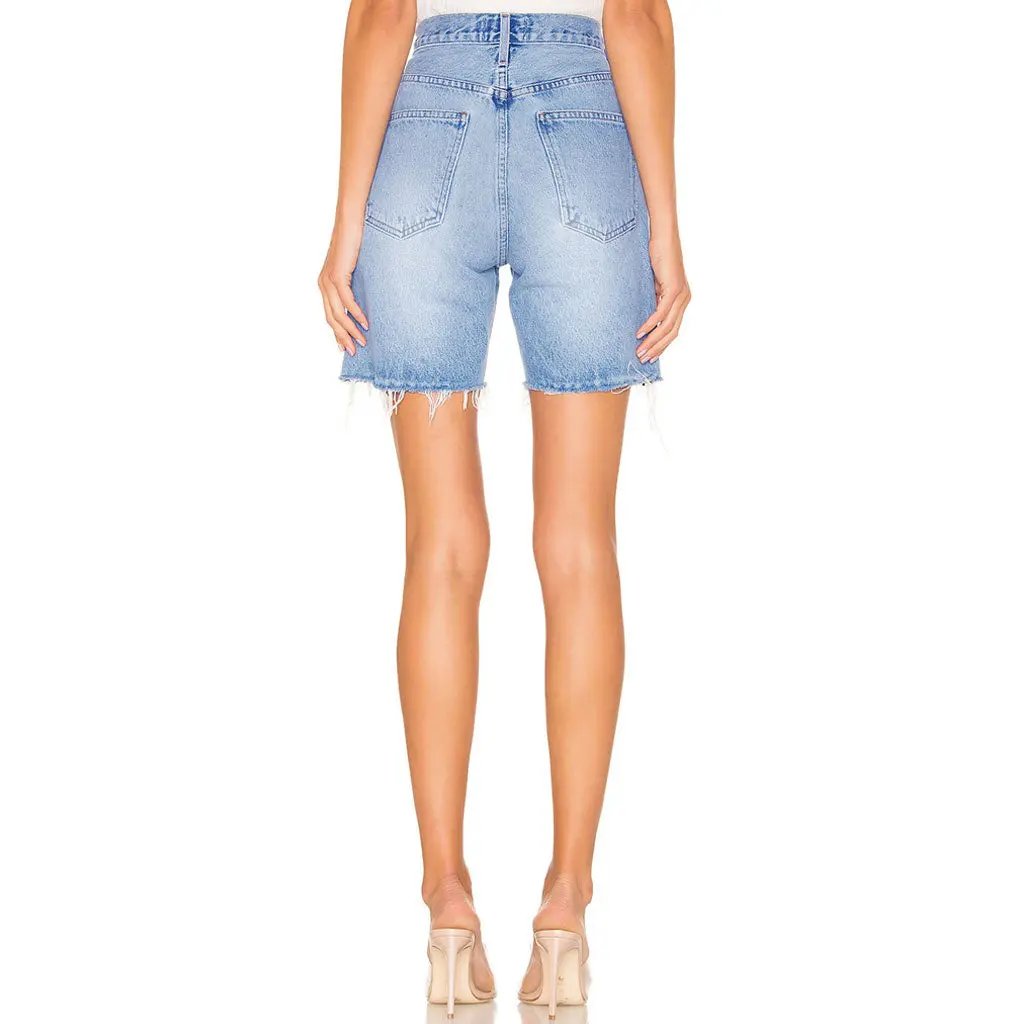 Street Style High Waist Frayed Bermuda Denim Shorts - Blue  Fashionpara