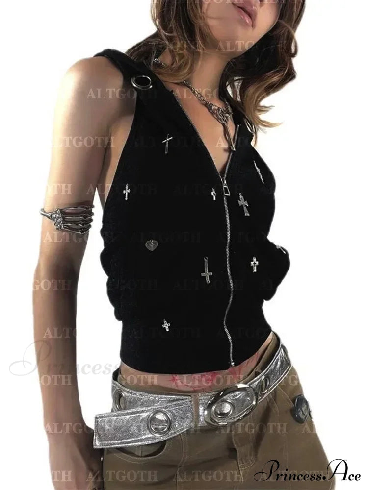 Streetwear Gothic Dark Vest Cyberpunk Cross Hooded Alt Grunge Crop Top