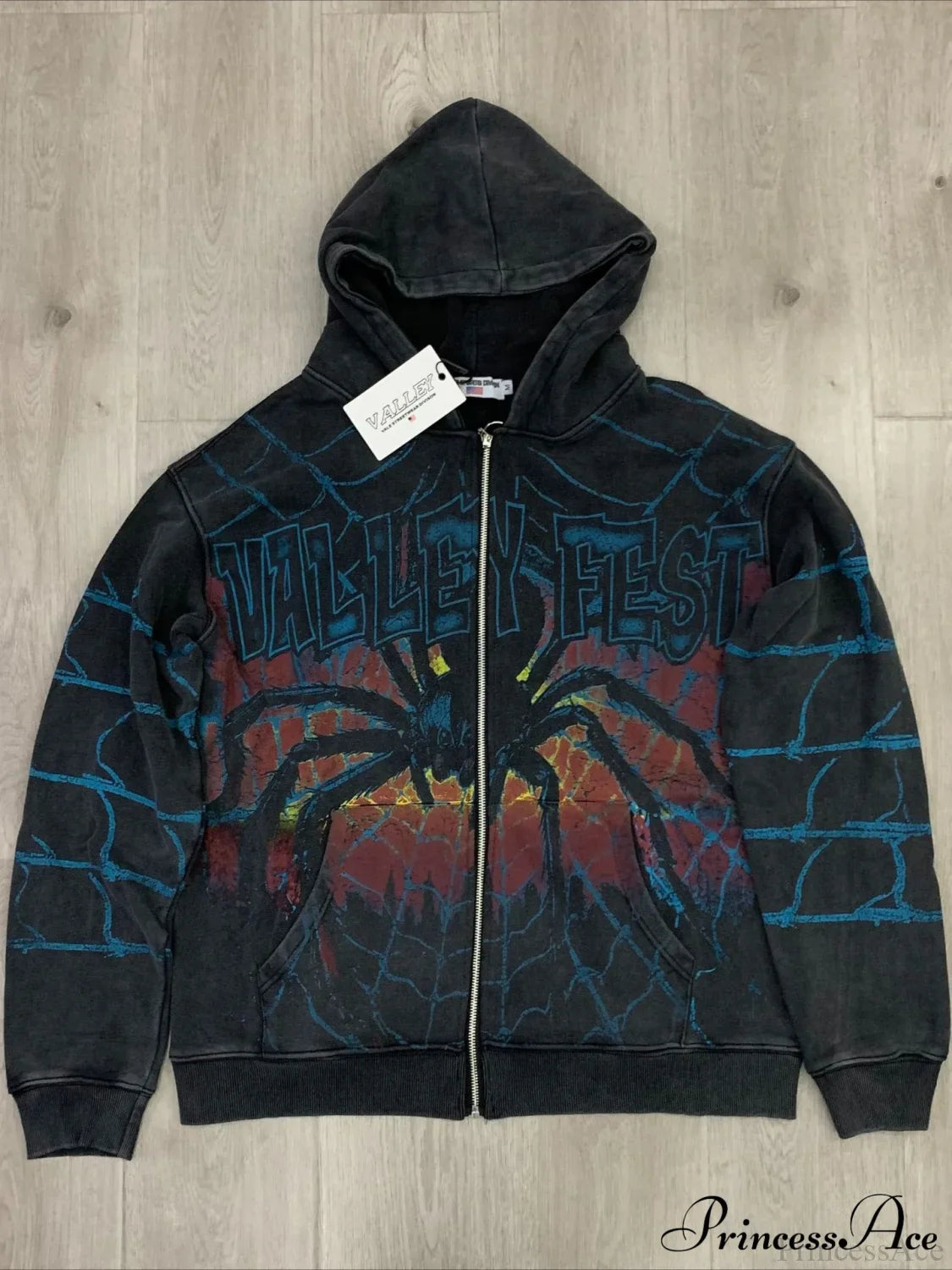 Streetwear Spider Web Vintage Print Zip Hoodie Black / S