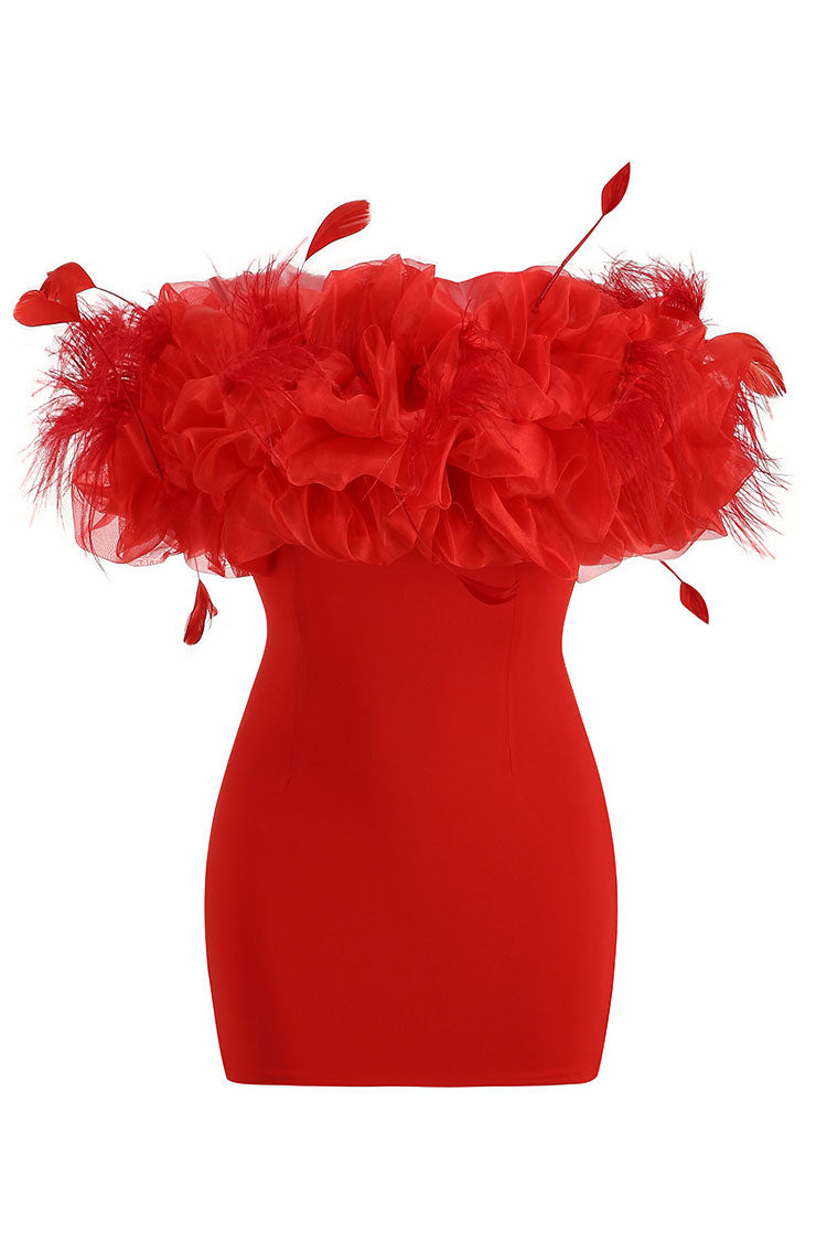 Striking Feather Trim Ruffle Off Shoulder Bodycon Bandage Party Mini Dress - Red - Fashionpara