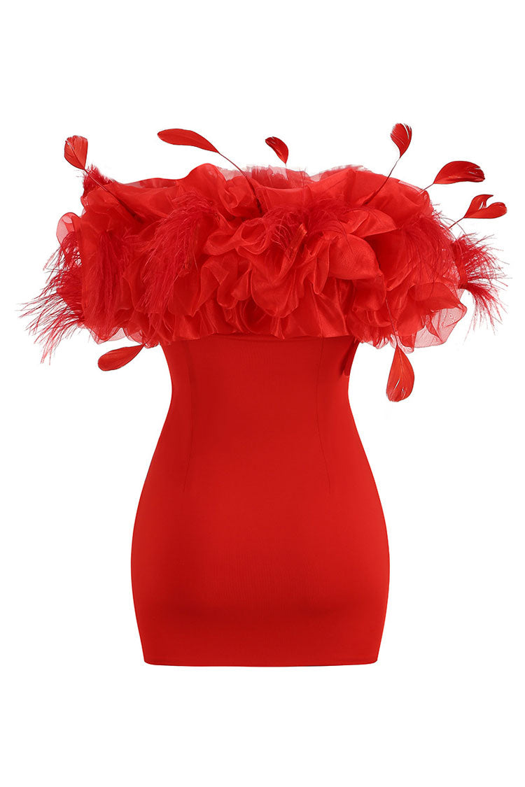 Striking Feather Trim Ruffle Off Shoulder Bodycon Bandage Party Mini Dress - Red - Fashionpara