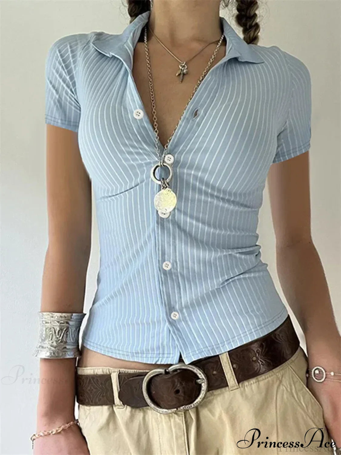 Striped Button-Up Slim Fit Blouse blue / S blouse-250223