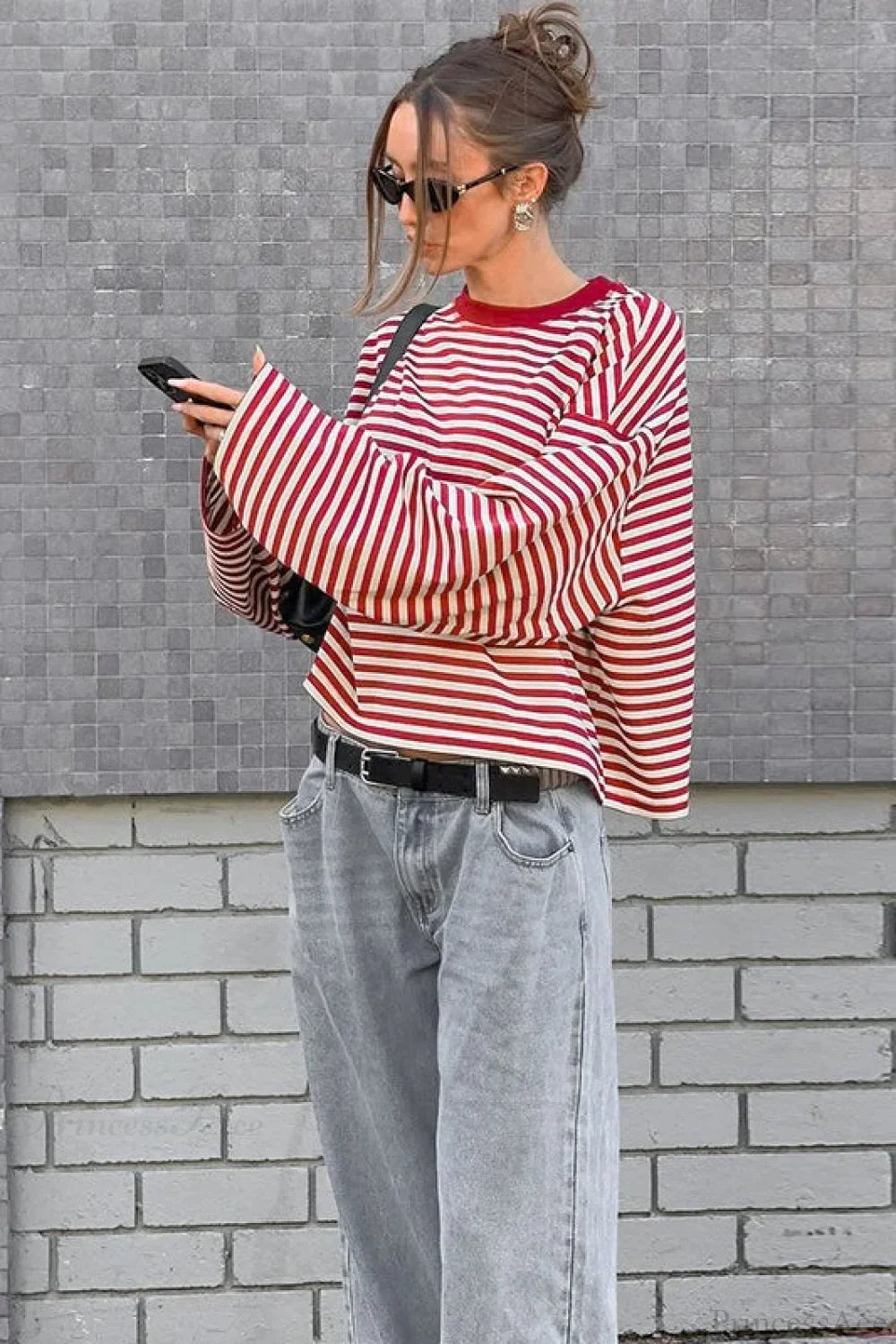 Striped Color Block Crew Neck Loose Long Sleeve Tee