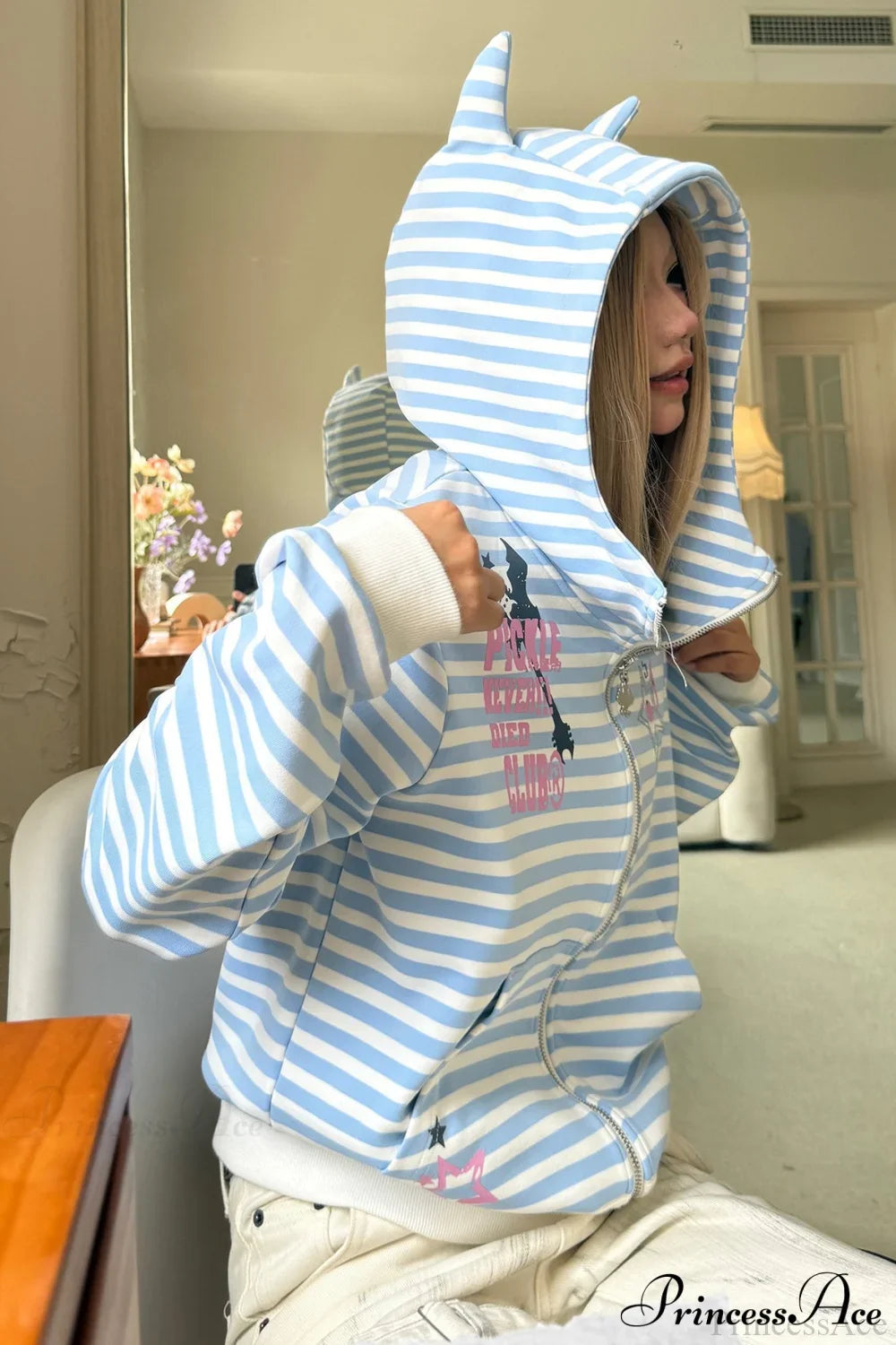 Striped Devil Horn Print Vintage Zip Hoodie