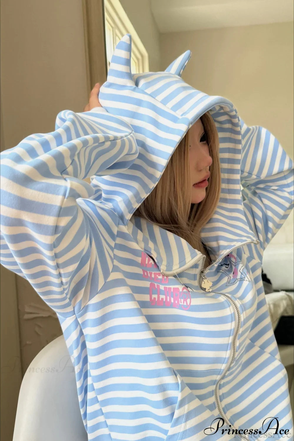 Striped Devil Horn Print Vintage Zip Hoodie Light Blue / S