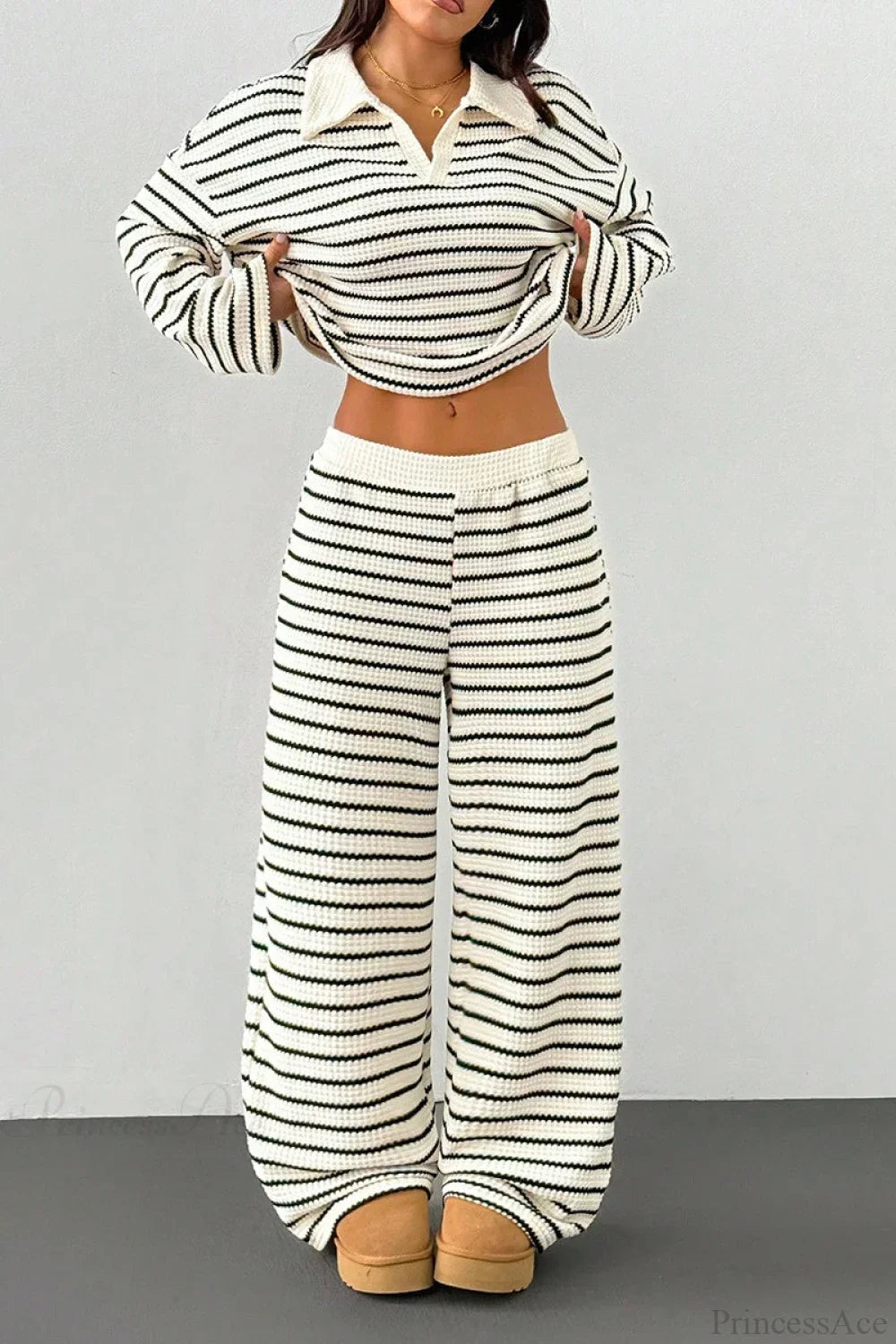 Striped Long Sleeve Pullover Wide Leg Two Piece Set