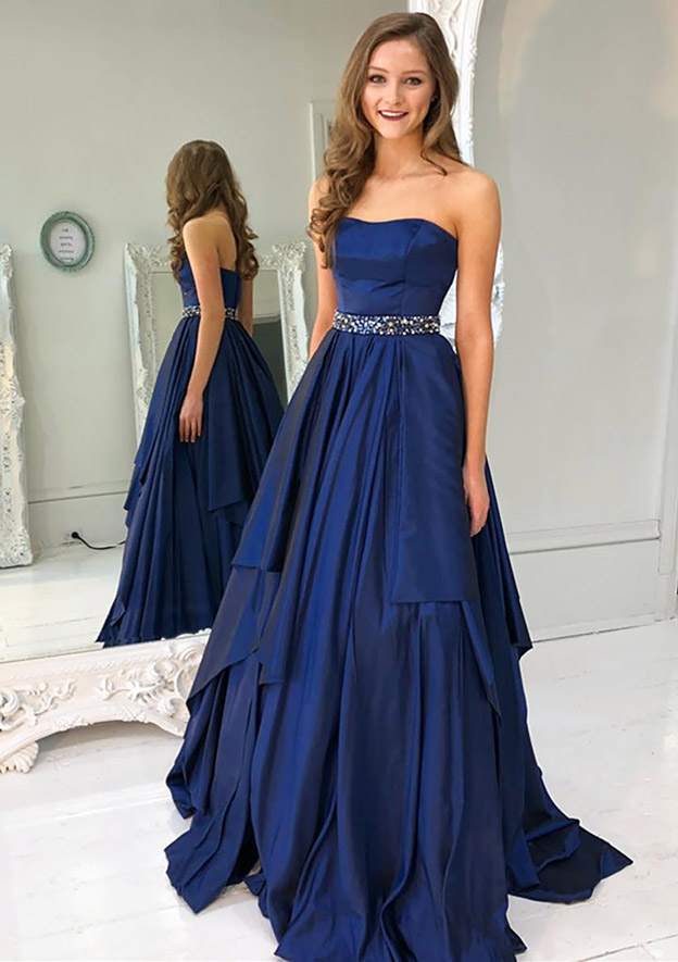 Stunning Charmeuse Prom Dress/Evening Dress with Beading and A-Line Strapless Sweep Train - Fashionpara