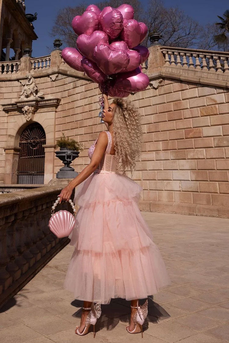 Sequin Sweetheart Corset Tiered Tulle Maxi Dress - View 7
