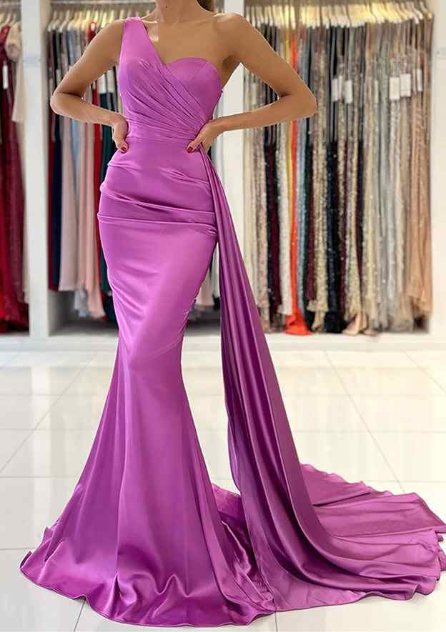 Stunning Trumpet/Mermaid One-Shoulder Sleeveless Satin Prom Dress/Evening Dress With Pleated Sweep Train - Fashionpara