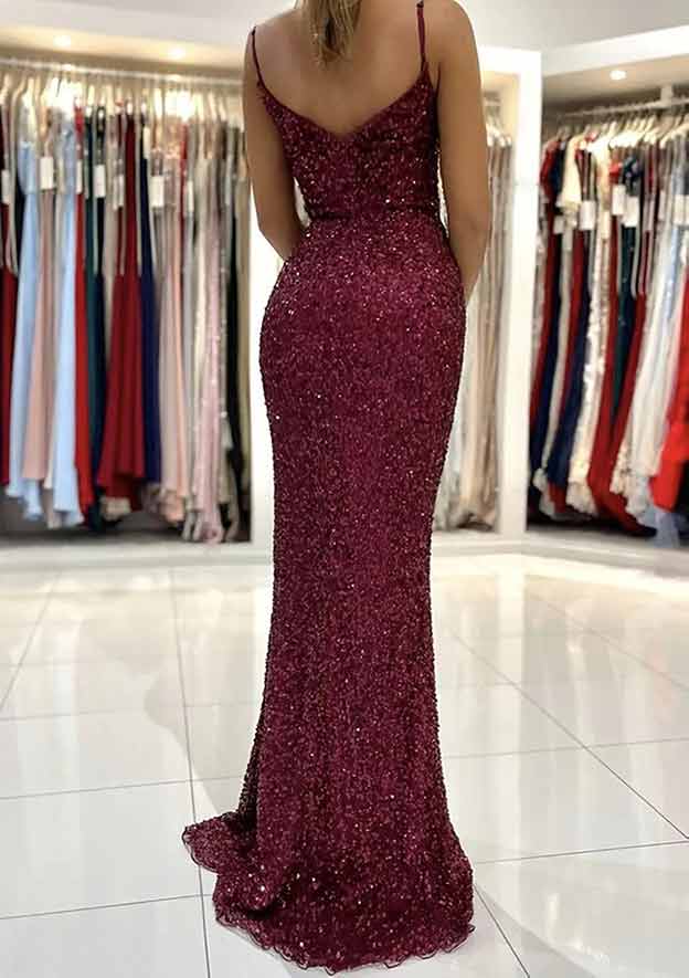Stunning Trumpet/Mermaid V-Neck Sleeveless Prom Dress/Evening Dress With Split - Fashionpara