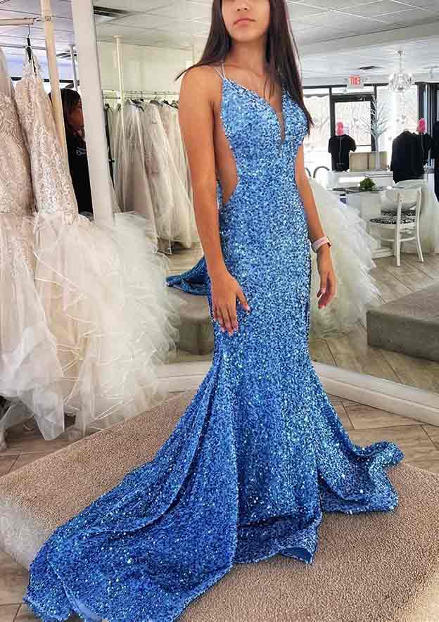 Stunning Velvet Sequins Prom Dress/Evening Dress - Trumpet/Mermaid V-Neck Sleeveless Court Train With Split - Fashionpara