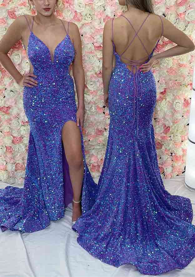 Stunning Velvet Sequins Prom Dress/Evening Dress - Trumpet/Mermaid V-Neck Sleeveless Court Train With Split - Fashionpara
