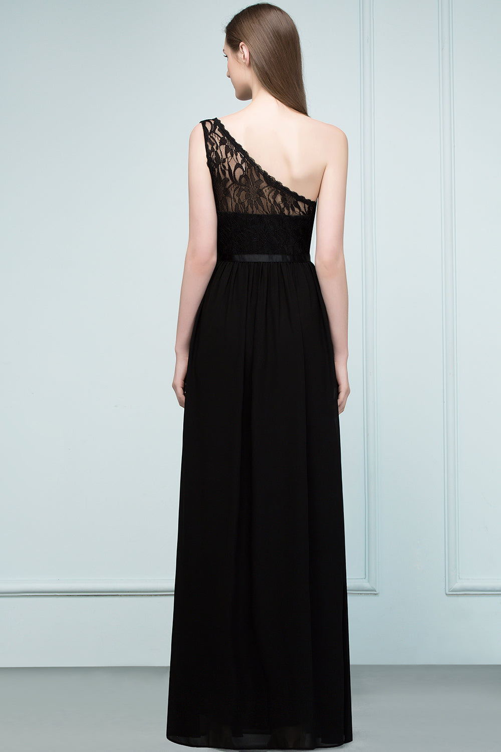 Stylish Black Chiffon One-Shoulder Lace Affordable Bridesmaid dresses - Fashionpara