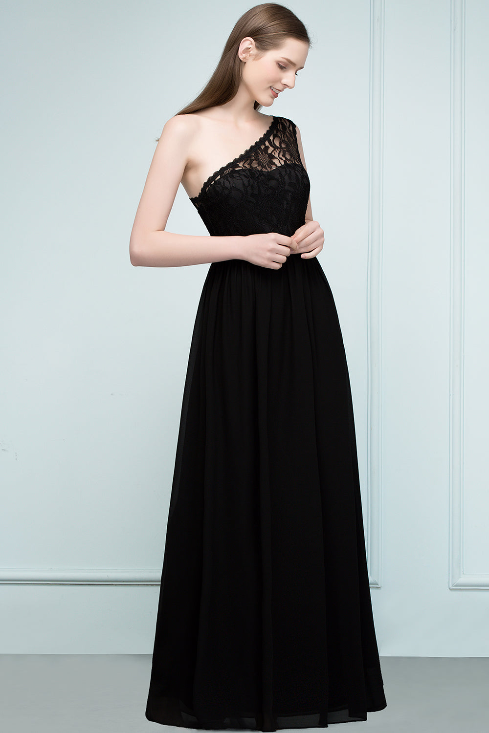 Stylish Black Chiffon One-Shoulder Lace Affordable Bridesmaid dresses - Fashionpara