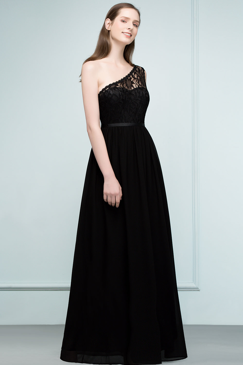 Stylish Black Chiffon One-Shoulder Lace Affordable Bridesmaid dresses - Fashionpara