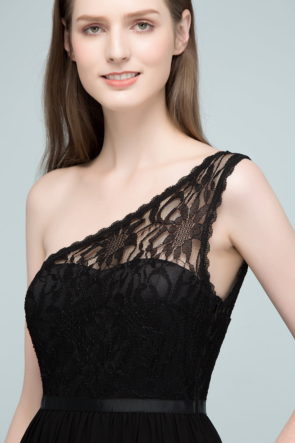 Stylish Black Chiffon One-Shoulder Lace Affordable Bridesmaid dresses - Fashionpara